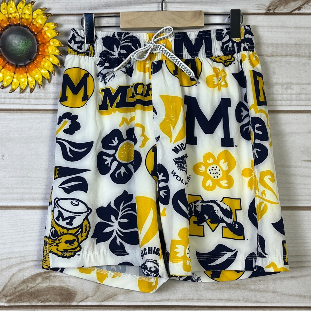 Wes‎ and Willy Michigan Wolverines Swim Trunks Kids Size L Blue Yellow